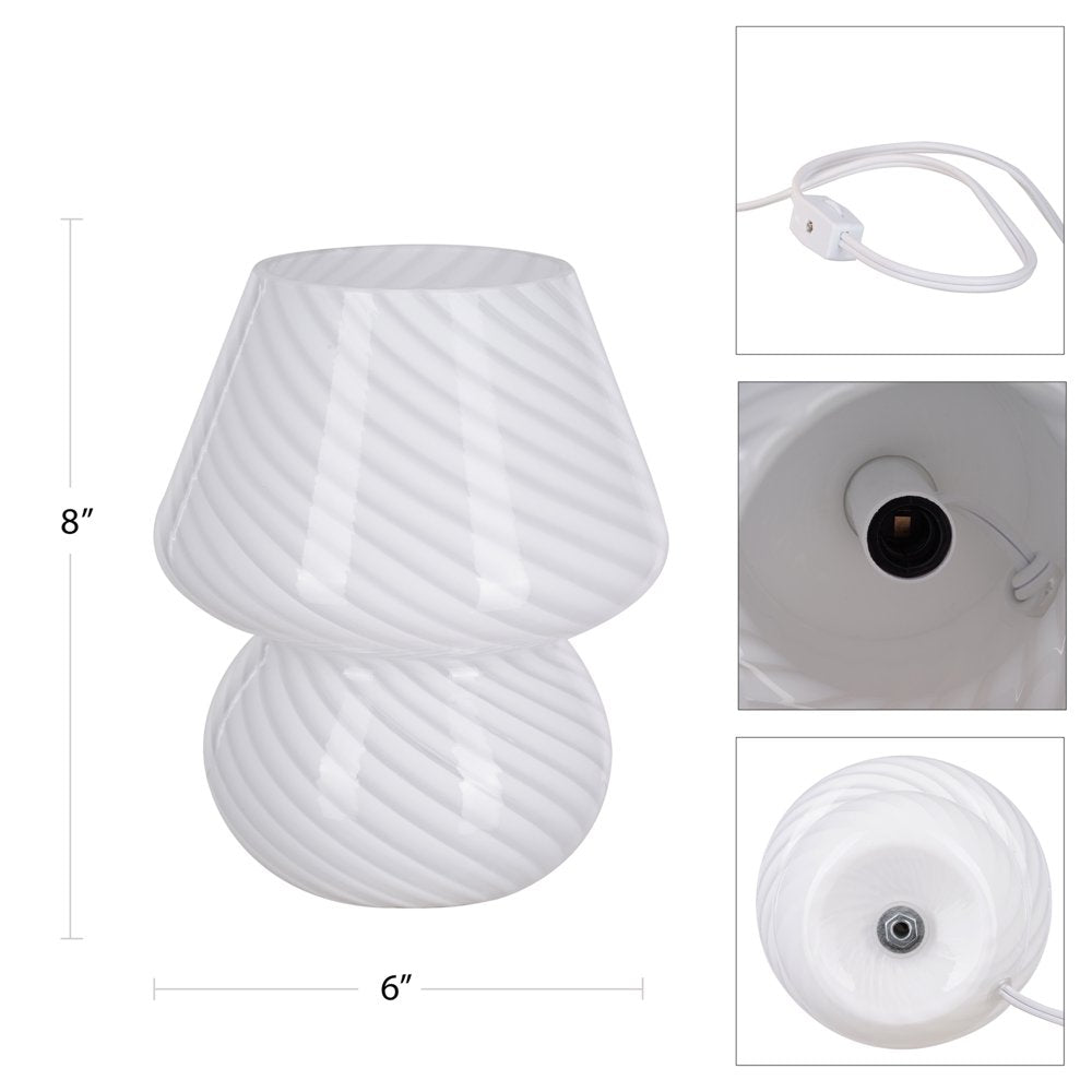 8" Glass Mushroom Lamp, White Stripe, Glossy Finish