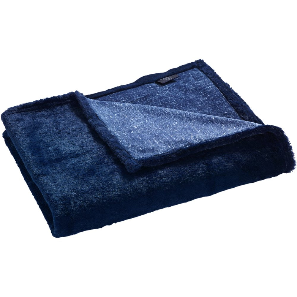 Chaps Plush Bed Blanket with Faux Fur Reverse - King 90 X 102, Blue