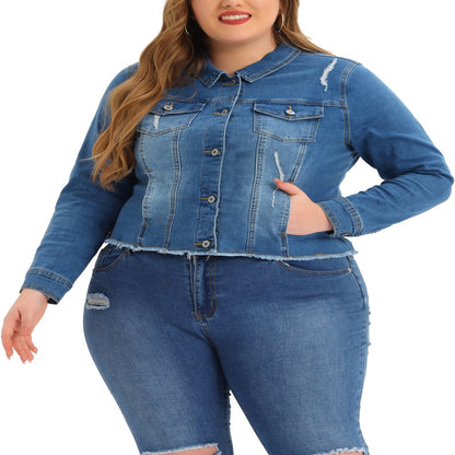  Women's Plus Size Outfits Classic Washed Front Frayed Denim Jacket