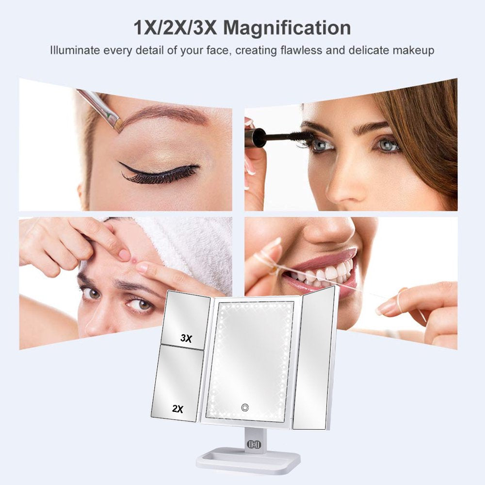 Tri-Fold Lighted Vanity Makeup Mirror with 72 LED Lights, Touch Screen and 3X/2X/1X Magnification, Two Power Supply Modes Make up Mirror,Travel Mirror