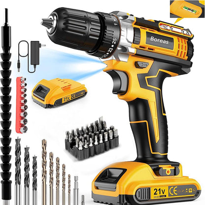 Cordless Drill 21V Drill Driver 3/8'' Electric Power Drill Set for Home Improvement & DIY Projects- Variable Speed Trigger, 2000mAh Lithium-Ion Battery