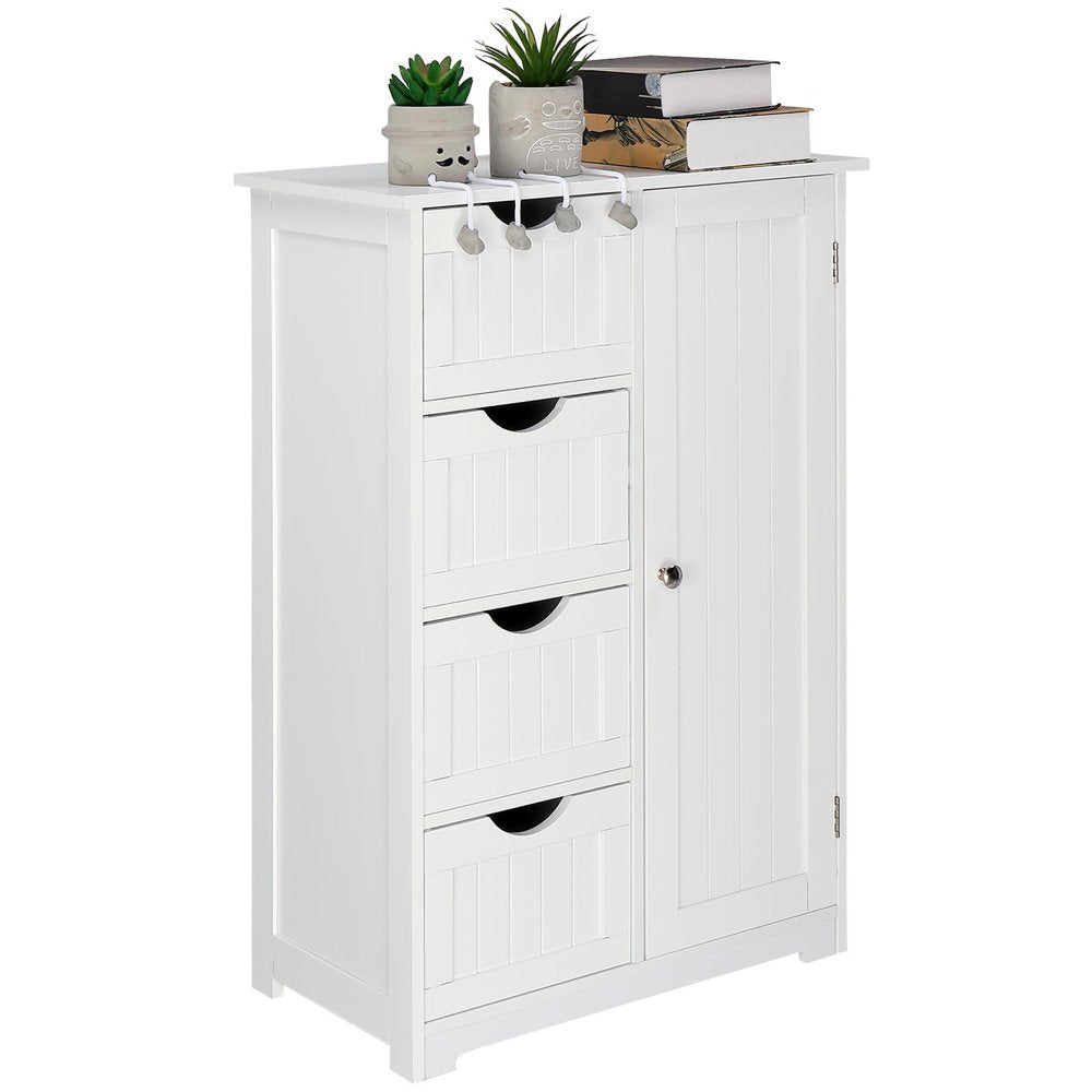 Wooden Bathroom Floor Cabinet,Side Storage Organizer Cabinet with 4 Drawers,1 Cupboard & 2-Shelves,Mdf,White