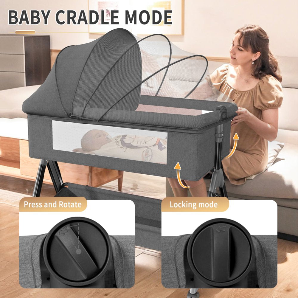 Baby Bassinet, HDJ Bedside Sleeper Bassinet with Storage Basket for Infant, Bedside Crib for 0-6 Months, Dark Gray