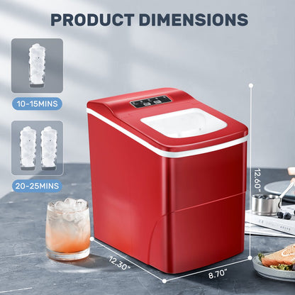  Ice Maker Countertop, 9Pcs/8Mins, 26Lbs/24H, Portable Ice Cube Maker with Scoop and Basket, for Party/Home/Office - (Red)