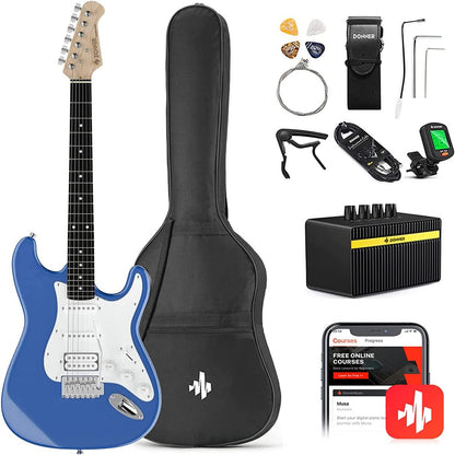  39" Electric Guitar Beginner Kit Solid Body Full Size HSS for Starter, with Amplifier, Bag, Digital Tuner, Capo, Strap, String, Cable, Picks, Black