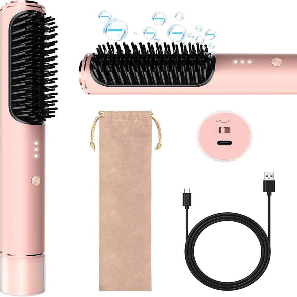 Cordless Hair Straightener Brush, Jungle Wave Portable Ionic Hot Straightening Comb for Travel, Pink