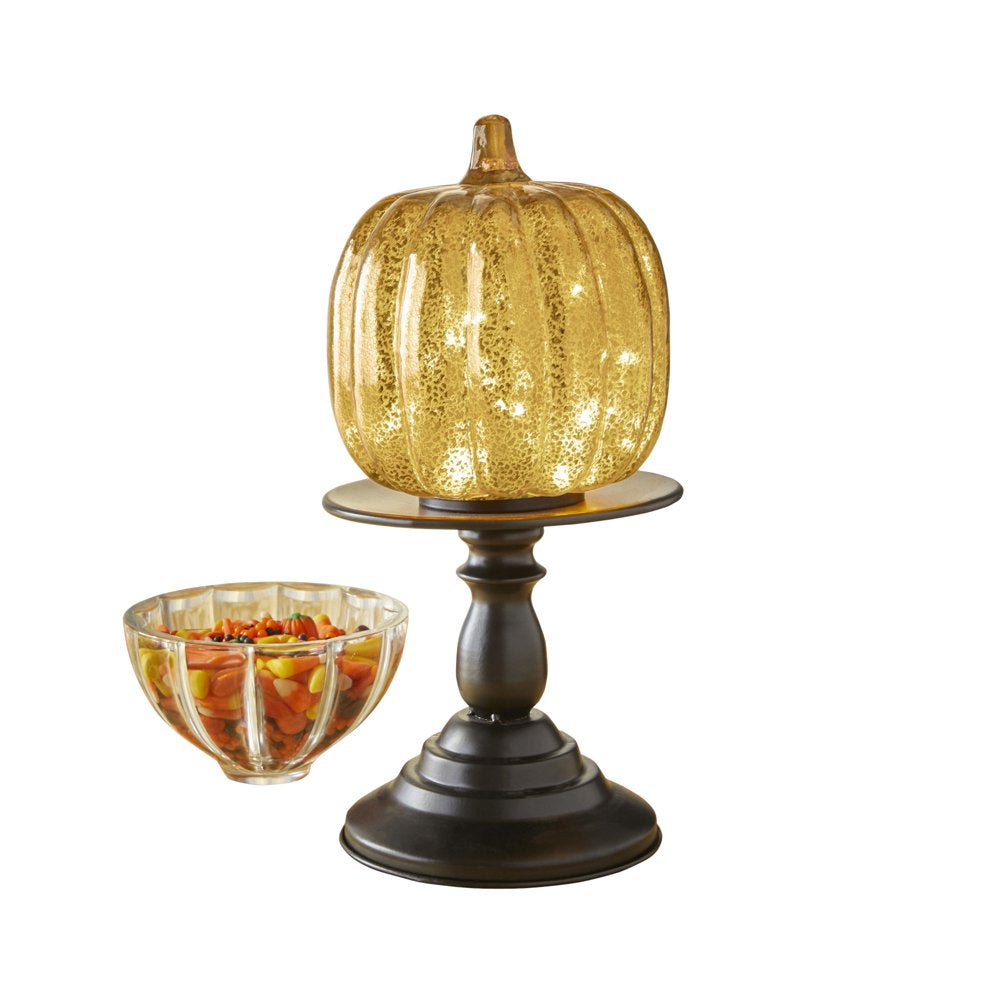 Brylanehome 11"H X 6"Diam. Pre-Lit Glass Pumpkin on Stand, Orange Fall Decor Light up Decoration