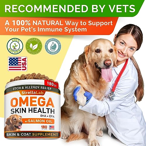 Fish Oil Omega 3 Treats for Dogs - Allergy and Itch Relief - Skin and Coat Supplement - Joint Health - Wild Alaskan Salmon Oil - Shedding, Itchy Skin Relief - Omega 3 6 9 - EPA & DHA - 180 treats