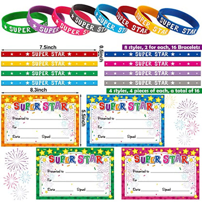 Junkin 32 Pcs Marquee You're a Star Award Certificate Star Student Wristbands Birthday Star Student Certificates Awards School Recognition Certificates for Students Kids Classroom (Star Style)