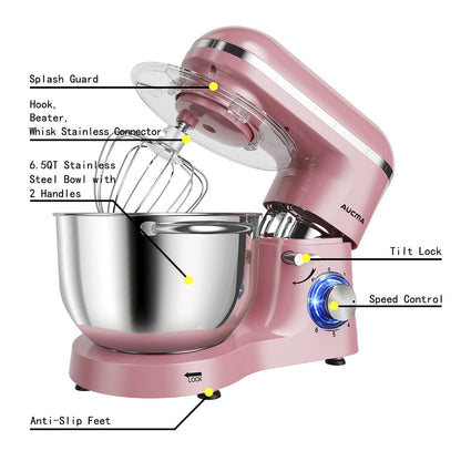 Aucma Stand Mixer,6.5-QT 660W 6-Speed Tilt-Head Food Mixer, Kitchen Electric Mixer with Dough Hook, Wire Whip & Beater (6.5QT, Pink)