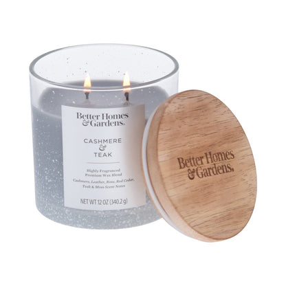 Better Homes & Gardens Cashmere & Teak Scented 2-Wick Snow Glass Jar Candle, 12 oz