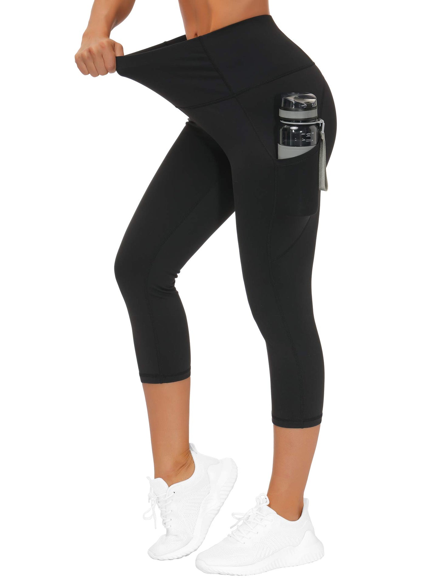 THE GYM PEOPLE Thick High Waist Yoga Capris with Pockets, Tummy Control Workout Running Yoga Leggings for Women (Medium, Z- Capris Black)