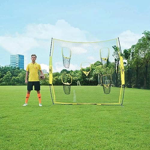 PodiuMax Portable Football Trainer Throwing Net, 8ft x 8ft Knotless Net for Improving QB Throwing Accuracy with 5 Target Pockets, with Carry Bag (Yellow)