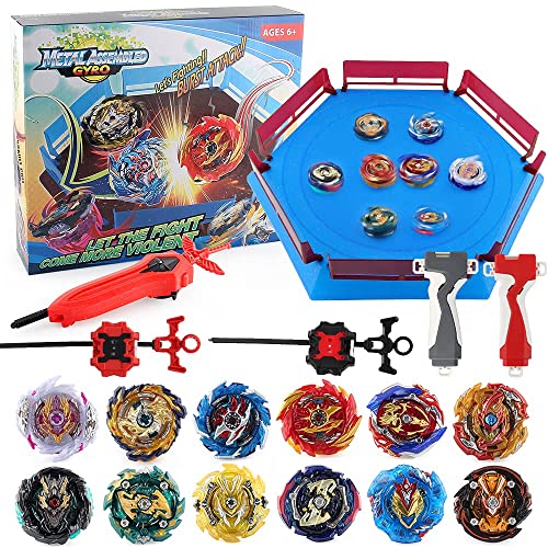 JIMI Bey Battling Top Blade Launcher Stadium Metal Fusion Set,12 Burst Spinning Tops 3 Launchers Grip 1 Arena Combat Game, Toy Gift for Kids Boys Ages 6 8 10 12+