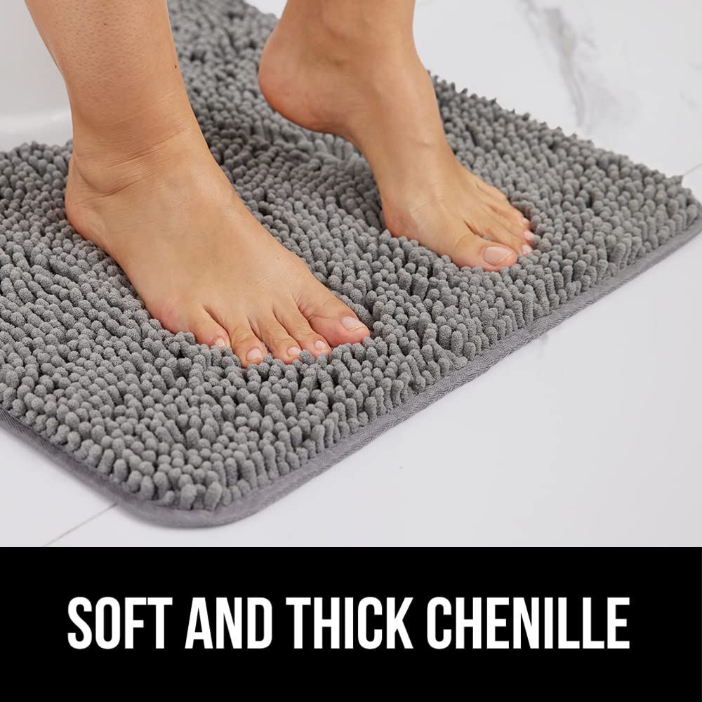 Gorilla Grip Bath Rug 24x17, Thick Soft Absorbent Chenille, Rubber Backing Quick Dry Microfiber Mats, Machine Washable Rugs for Shower Floor, Bathroom Runner Bathmat Accessories Decor, Grey