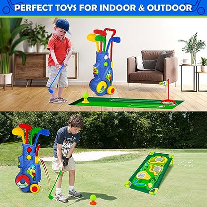 GMAOPHY Golf Club Set for Kids, Indoor Outdoor Sports Toys for Boys Girls Ages 2 3 4 5 6 Year Old, Kids Birthday, Toddler Golf Set with Golf Board, Putting Mat, 8 Balls, 4 Golf Clubs, Golf Cart