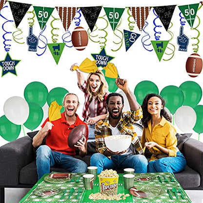 Football Party Supplies and Decorations Set-Serves 24 Include Tablecloth,Plates, Flatware, Cups and Penalty Flag Paper Napkins,Hanging Swirl,Banner,Balloons for Super Bowl Party