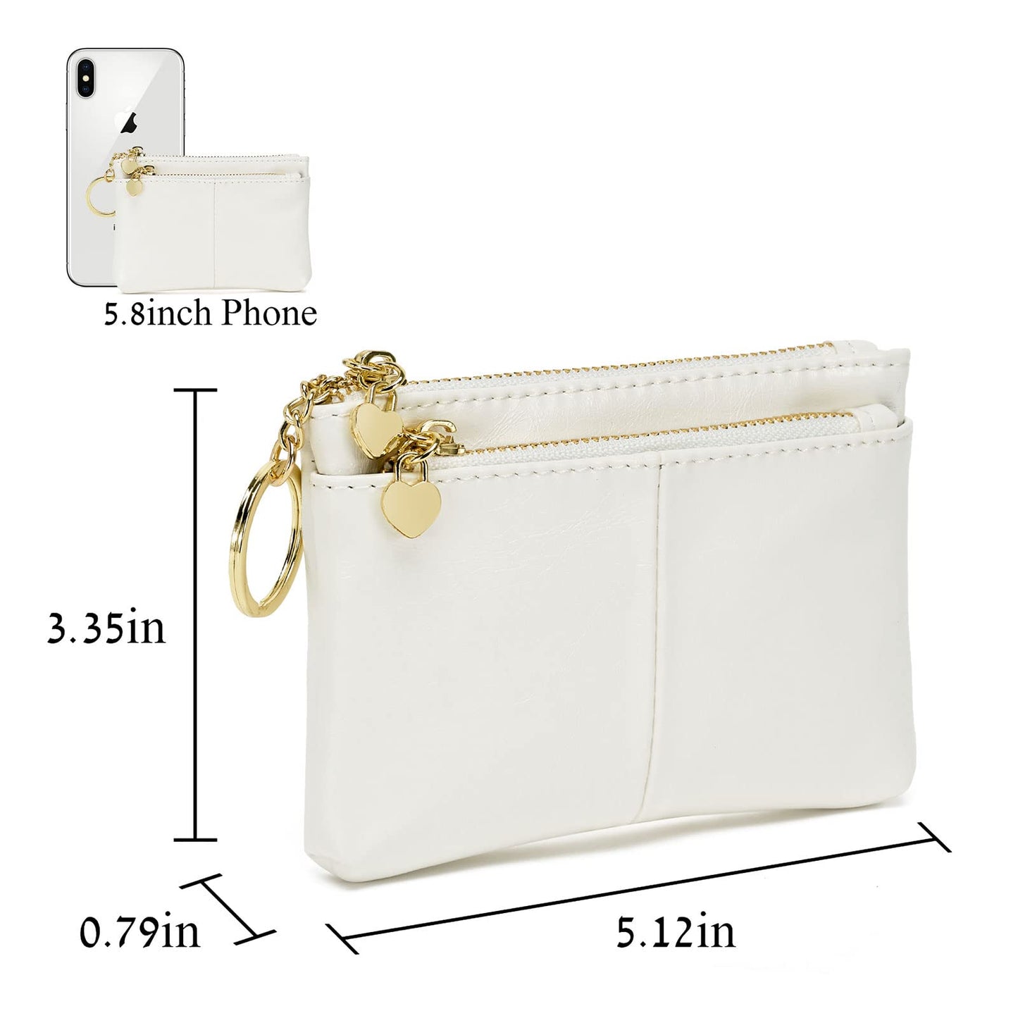 ZOOEASS Women PU Leather Zip Mini Coin Purse With Key Ring Triple Zipper Card Holder Wallet (White)