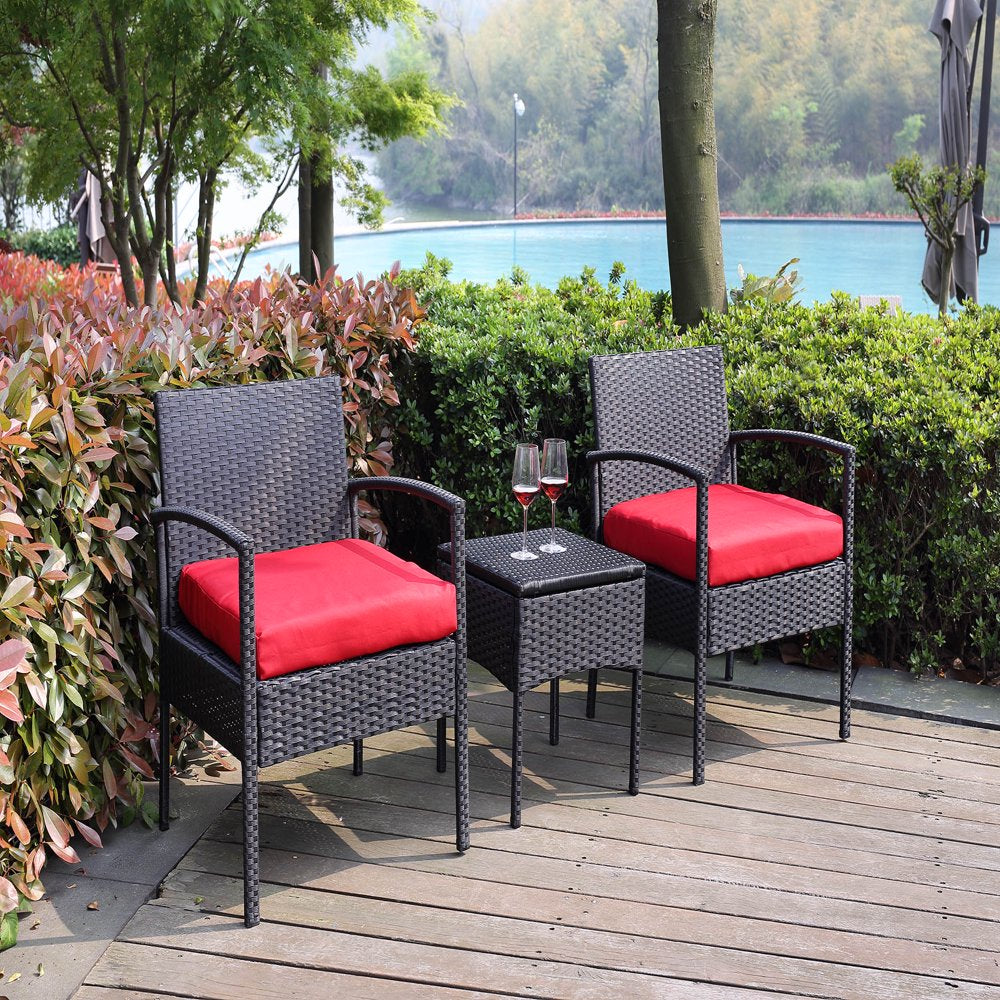 Tappio Outdoor Furniture 3 Piece Patio Bistro Furniture Set, Rattan Conversation Chairs Set with Side Table and Cushions, Patio Furniture Sets for Balcony Garden Porch, Red