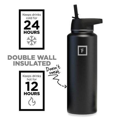 IRON °FLASK Sports Water Bottle - 40 Oz 3 Lids (Straw Lid), Leak Proof - Stainless Steel Gym Bottles for Men, Women & Kids - Double Walled, Insulated Thermos - Valentines Day Gifts for Him or Her