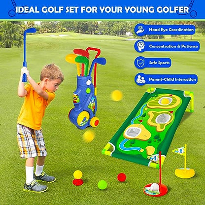 GMAOPHY Golf Club Set for Kids, Indoor Outdoor Sports Toys for Boys Girls Ages 2 3 4 5 6 Year Old, Kids Birthday, Toddler Golf Set with Golf Board, Putting Mat, 8 Balls, 4 Golf Clubs, Golf Cart