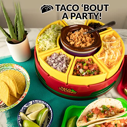 Taco Tuesday Heated Lazy Susan Taco Bar Serving Set for a Party with 4 Tortilla Holders, Fondue Pot for Burritos, Nachos, and Fajitas - 20 Oz. - Red