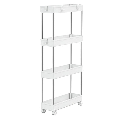 MELDEVO 4 Tier Slim Storage Cart Mobile Shelving Unit Organizer Slide Out Storage Rolling Utility Cart Tower Rack for Kitchen Bathroom Laundry Narrow Places, Plastic & Stainless Steel, White