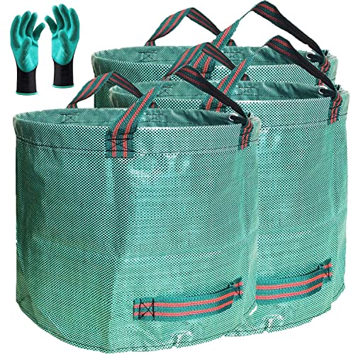 Professional 3-Pack 137 Gallon Lawn Garden Bags (D34, H34 inches) Big Yard Waste Bags with Garden Gloves, Extra Large Reusable Leaf Bags,Garden Clippings Bags,Leaf Containers,Yard Trash Bags 4 Handles