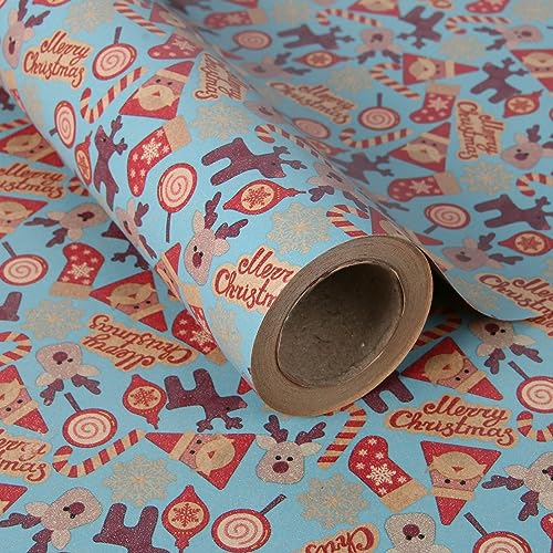 Aimyoo Kraft Christmas Wrapping Paper Jumbo Roll, Santa Claus Christmas Stockings Candy Canes Deer Letters Design, Kids Xmas Gift Wrap Paper 30 inch x 32 ft