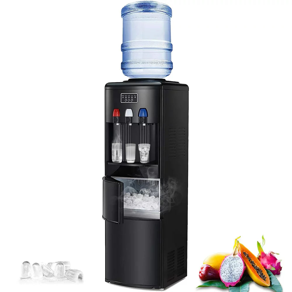 AGLUCKY 3-In-1 Water Cooler Dispenser with Built-In Ice Maker, Top Loading Water Coolers with 3 Temperature Settings, 5 Gallon Bottle, Child Lock, 27Lbs/24H Ice Maker Machine-Black