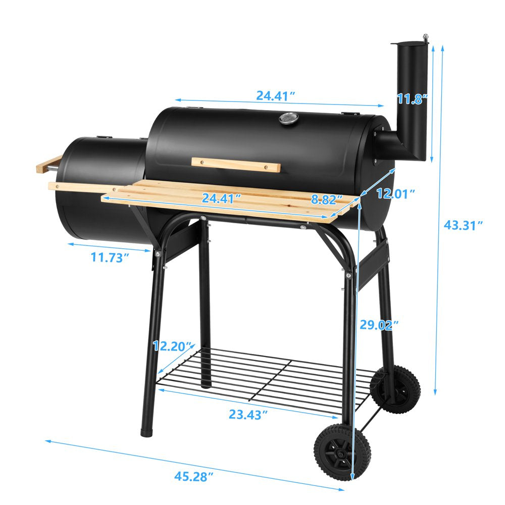 BBQ Charcoal Grill, 45.28-Inch Length Portable Barbecue Grill, Offset Smoker Barbecue Oven with Wheels & Thermometer for Outdoor Picnic Camping Patio Backyard, B026