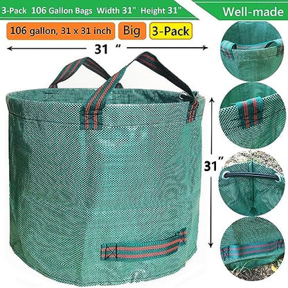 Professional 3-Pack 106 Gallons Lawn Garden Bags (D31, H31 inches) Reusable Yard Leaf Waste Bags with Coated Gardening Gloves - Storage Bag,Patio Bag,Laundry Container,Trash Can with 4 Handles