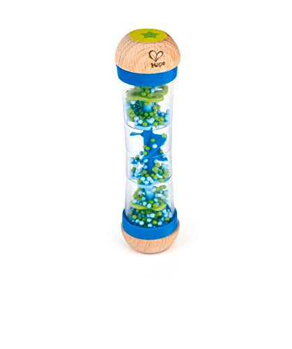 Hape Beaded Raindrops | Mini Wooden Musical Shake & Rattle Rainmaker Toy, Blue, Model Number: E0328B ,L: 2, W: 2, H: 7.9 inch