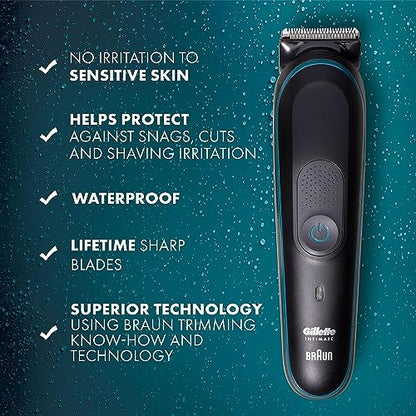 Gillette Intimate Men's Pubic Hair Trimmer, SkinFirst Pubic Hair Trimmer for Men, Waterproof, Cordless for Wet/Dry Use, Shaver for Men, Lifetime Sharp Blades, Includes Anti Chafe Stick, Gift Set