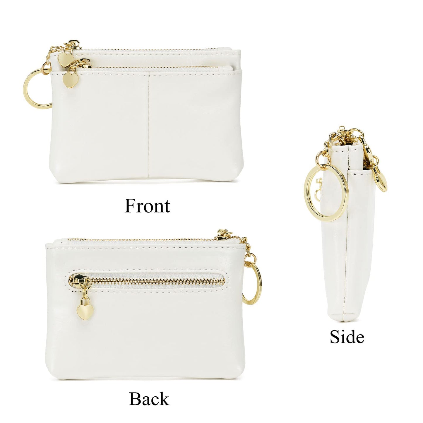 ZOOEASS Women PU Leather Zip Mini Coin Purse With Key Ring Triple Zipper Card Holder Wallet (White)