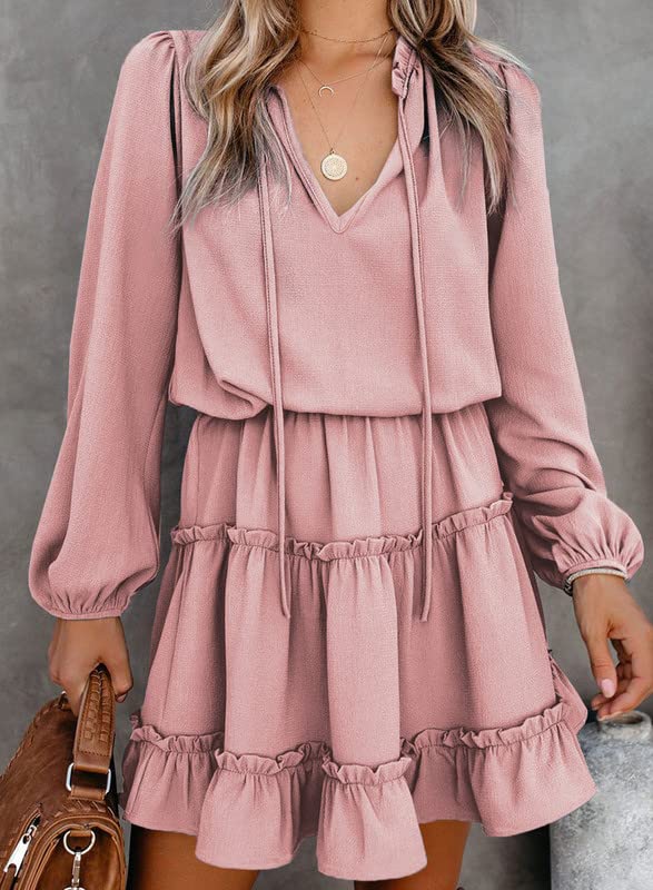 Dokotoo Womens Cute Dresses Spring Casual Sexy Deep V Neck Ruffle Chiffon Lantern Long Sleeve Elegant Empire Waist Flowy Mini Short Skirt Dresses for Women Party 2023 Pink Large