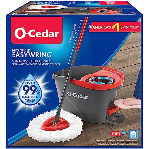 O-Cedar EasyWring Microfiber Spin Mop, Bucket Floor Cleaning System, Red, Gray