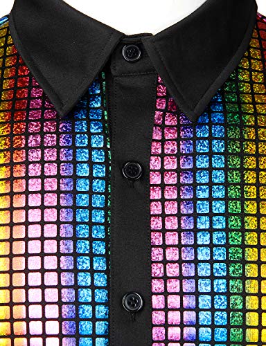 JOGAL Men's Sequins Short Sleeve Button Down Shirts 70s Disco Party Costume Large A353 Multicoloured