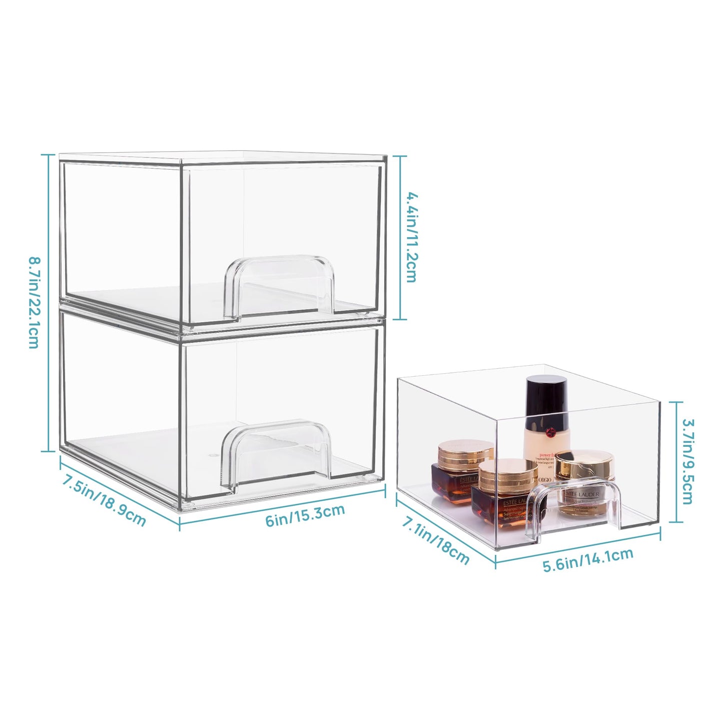 Vtopmart 8 Pack Stackable Storage Drawers,4.4'' Tall Acrylic Bathroom Makeup Organizer,Clear Plastic Storage Bins For Vanity,Undersink,Kitchen Cabinet,Pantry Organization and Storage