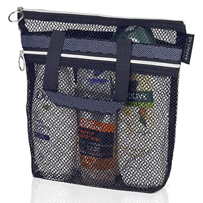 DV Lifestyle Mesh Shower Caddy Portable 10.2x9.9'' Shower Bag with Zipper & 2 Pockets. Shower Tote Ideal for Gym, Travel, Camp, Beach, for Sunscreen, Dorm & College Essentials (Black)