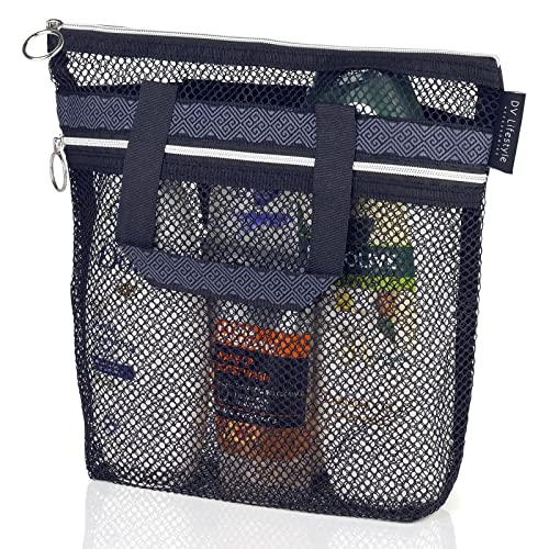 DV Lifestyle Mesh Shower Caddy Portable 10.2x9.9'' Shower Bag with Zipper & 2 Pockets. Shower Tote Ideal for Gym, Travel, Camp, Beach, for Sunscreen, Dorm & College Essentials (Black)