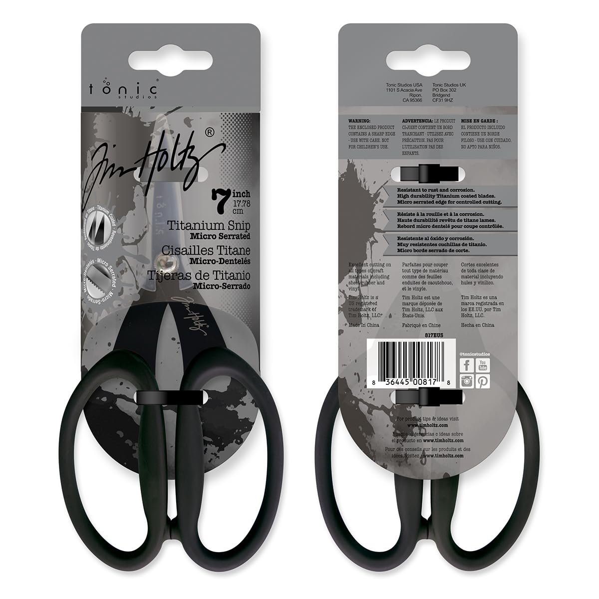 Tim Holtz Small Titanium Scissors - 7 Inch Mini Snips with Micro Serrated Blade - Non Stick Craft Tool for Cutting Paper, Fabric, and Sewing - Black Comfort Grip Handles