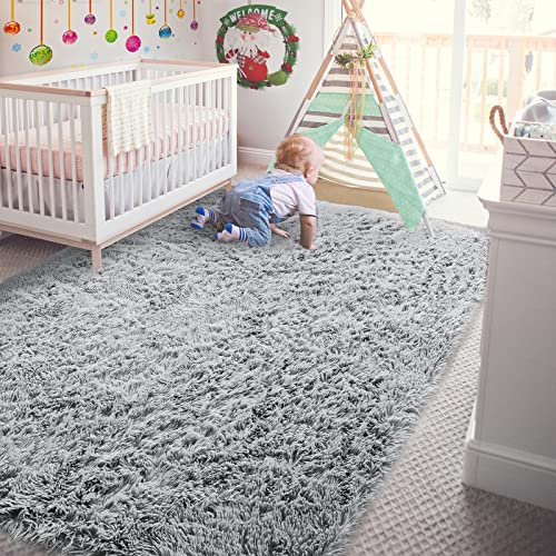 Andecor Soft Fluffy Bedroom Rug, 4 x 6 Feet Indoor Shaggy Plush Area Rugs for Living Room Boys Girls Kids Baby Room Nursery College Dorm Home Decorations Floor Carpet, Grey