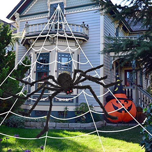 OCATO 200" Halloween Spider Web + 59" Giant Spider Decorations Fake Spider with Triangular Huge Spider Web for Indoor Outdoor Halloween Decorations Yard Home Costumes Parties Haunted House Décor