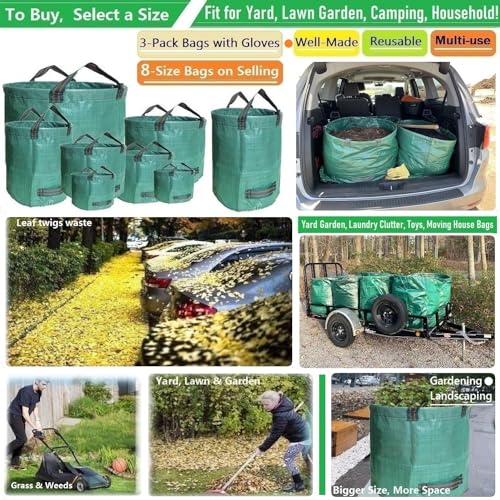 Professional 3-Pack 137 Gallon Lawn Garden Bags (D34, H34 inches) Big Yard Waste Bags with Garden Gloves, Extra Large Reusable Leaf Bags,Garden Clippings Bags,Leaf Containers,Yard Trash Bags 4 Handles