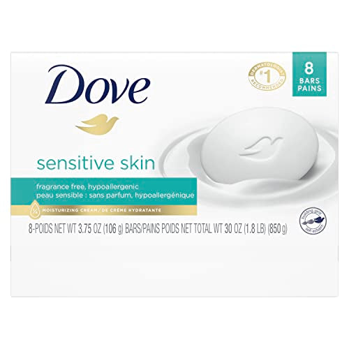 Dove Beauty Bar More Moisturizing Than Bar Soap for Softer Skin, Fragrance Free, Hypoallergenic Sensitive Skin With Gentle Cleanser, 3.75 Ounce (Pack of 8)