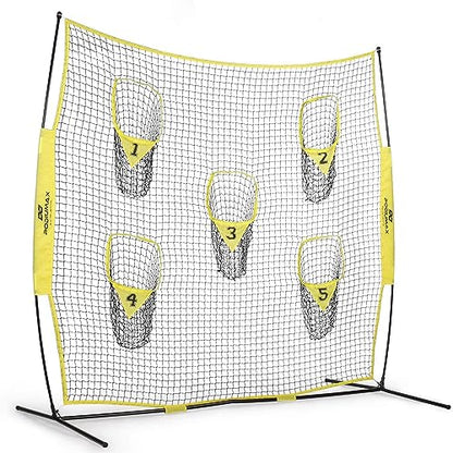 PodiuMax Portable Football Trainer Throwing Net, 8ft x 8ft Knotless Net for Improving QB Throwing Accuracy with 5 Target Pockets, with Carry Bag (Yellow)