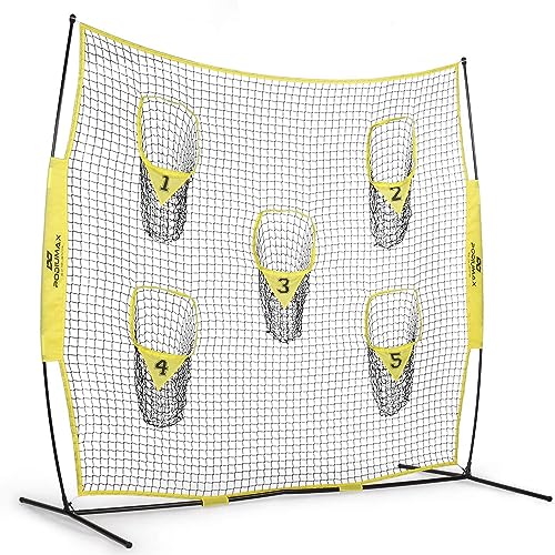 PodiuMax Portable Football Trainer Throwing Net, 8ft x 8ft Knotless Net for Improving QB Throwing Accuracy with 5 Target Pockets, with Carry Bag (Yellow)