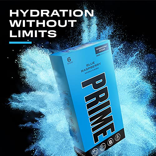 Prime Hydration+ Stick Pack | Electrolyte Drink Mix | 10% Coconut Water | 250mg BCAAs | Antioxidants | Naturally Flavored | Zero Added Sugar | Easy Open Single-Serving Stick | BLUE RASPBERRY, 6 Sticks