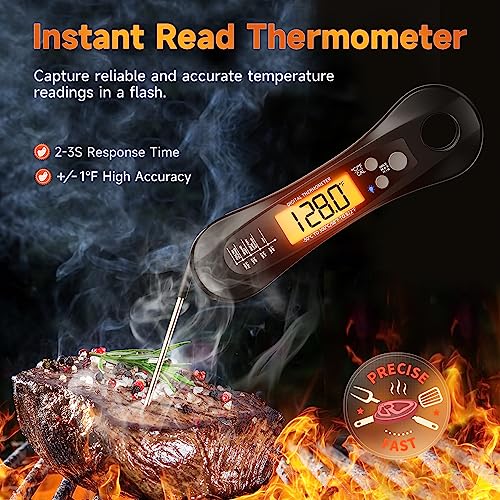 Meat Thermometer Digital, Meat Thermometer for Grilling and Cooking, Waterproof Instant Read Food Thermometer with Accurate Readings, Large LED Backlit Display and Foldable Probe for Kitchen & BBQ